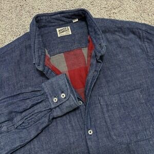 Naked & Famous Flannel Shirt Lined Chambray Pocket Button Down Soft Blue Mens XL